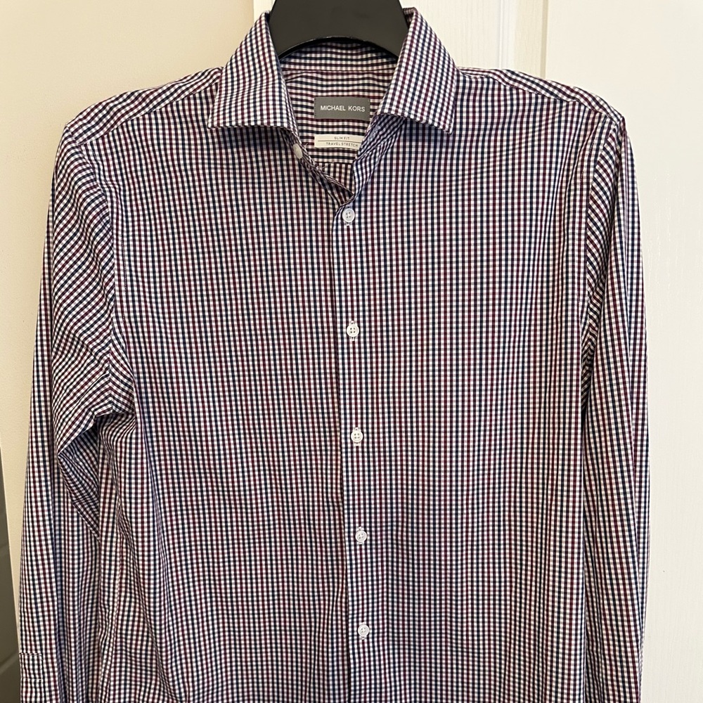 Michael Kors Men's Slim Fit Checkered Shirt - Red and Blue Travel Stretch